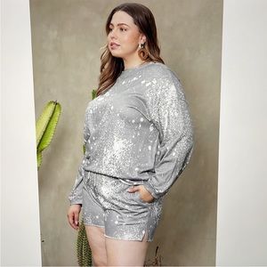 Gray Splatter Print Lounge Pajama Set Knit Size 3X